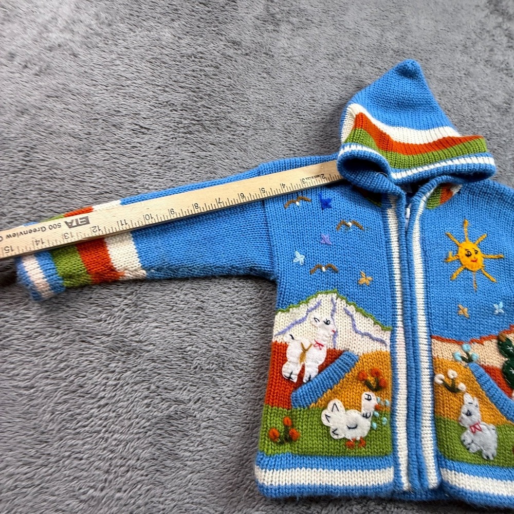 AR-T Peru Toddler 2T-3T Blue Hooded Zip Cardigan Dralon Llama Embroidered - Picture 7 of 7